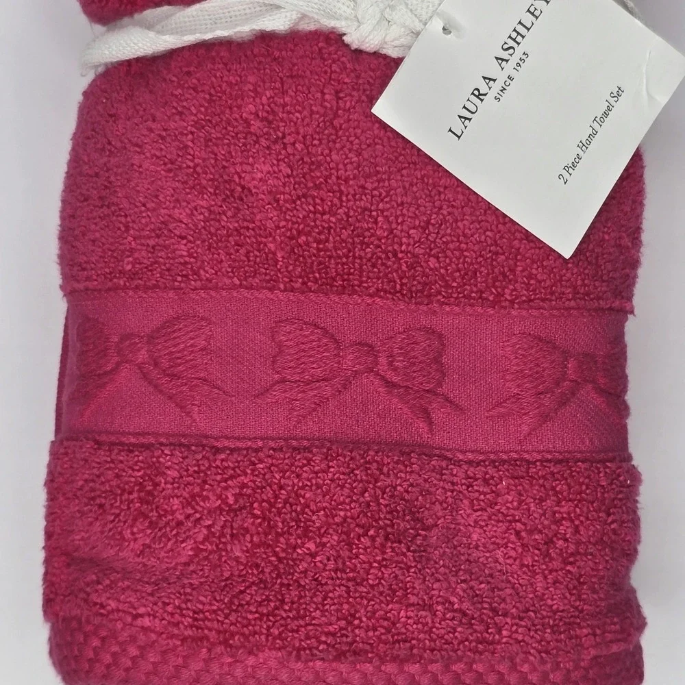 Laura Ashley 2pc Hand Towel Set Hot Pink Fuchsia Bow Embossed 16x30 OEKO-TEX New